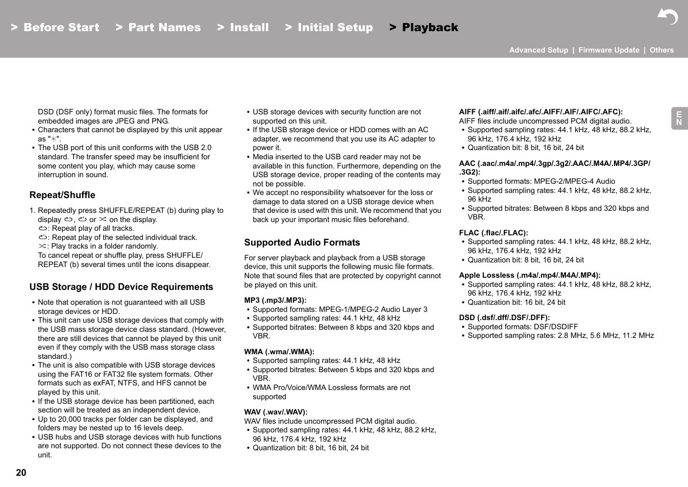 Repeat/shuffle, Usb storage / hdd device requirements, Supported audio formats | Pioneer X-HM76 User Manual | Page 21 / 330