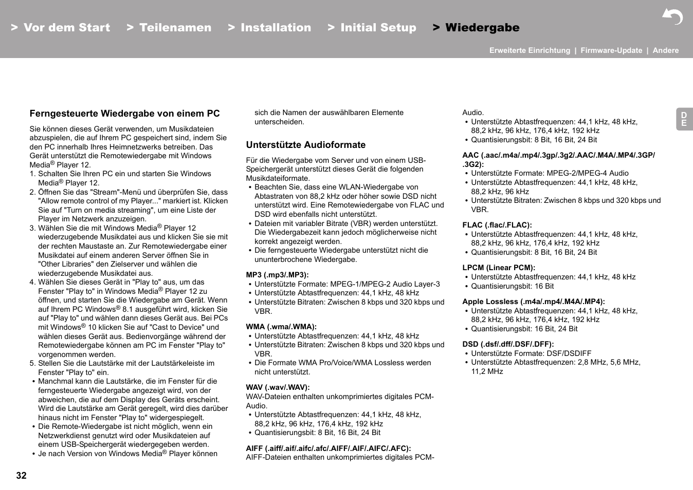 Ferngesteuerte wiedergabe von einem pc, Unterstützte audioformate | Pioneer X-HM76 User Manual | Page 221 / 330