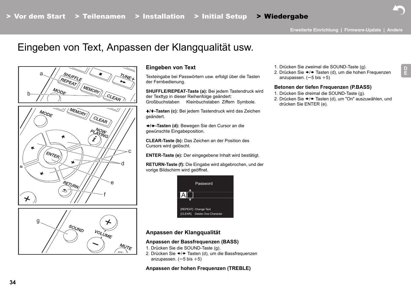 Eingeben von text, anpassen der klangqualität usw, Eingeben von text" (äp34), Unter "eingeben von text" (äp34) | Pioneer X-HM76 User Manual | Page 223 / 330