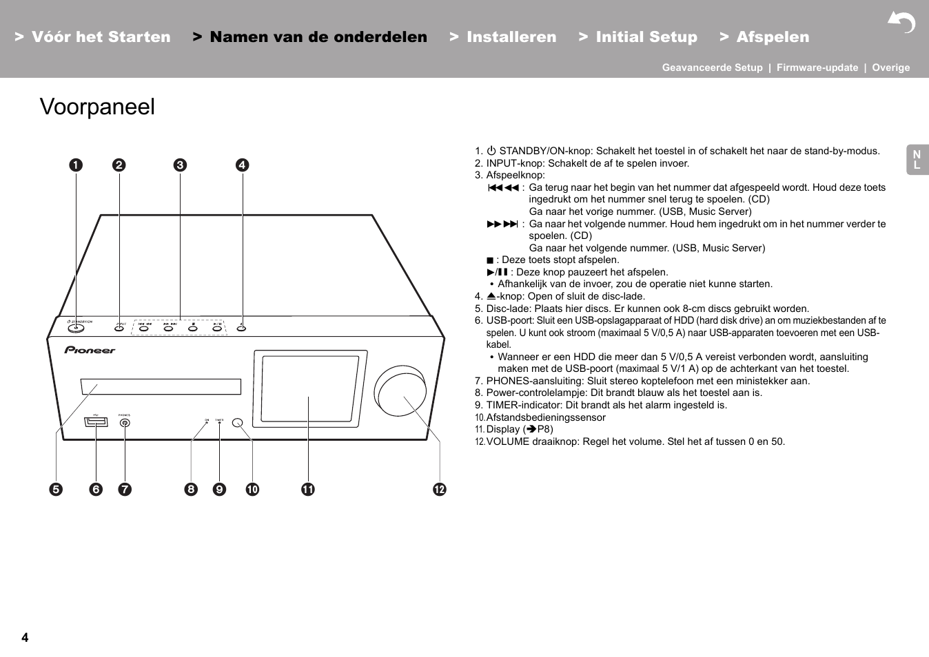 Namen van de onderdelen voorpaneel, Namen van de onderdelen, Voorpaneel | Pioneer X-HM76 User Manual | Page 240 / 330