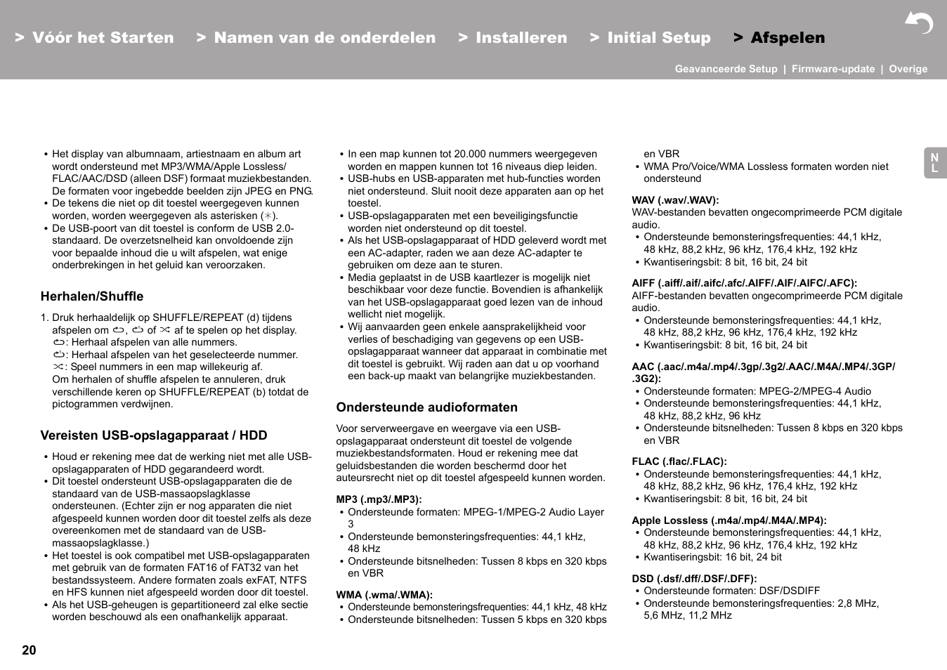 Herhalen/shuffle, Vereisten usb-opslagapparaat / hdd, Ondersteunde audioformaten | Pioneer X-HM76 User Manual | Page 256 / 330