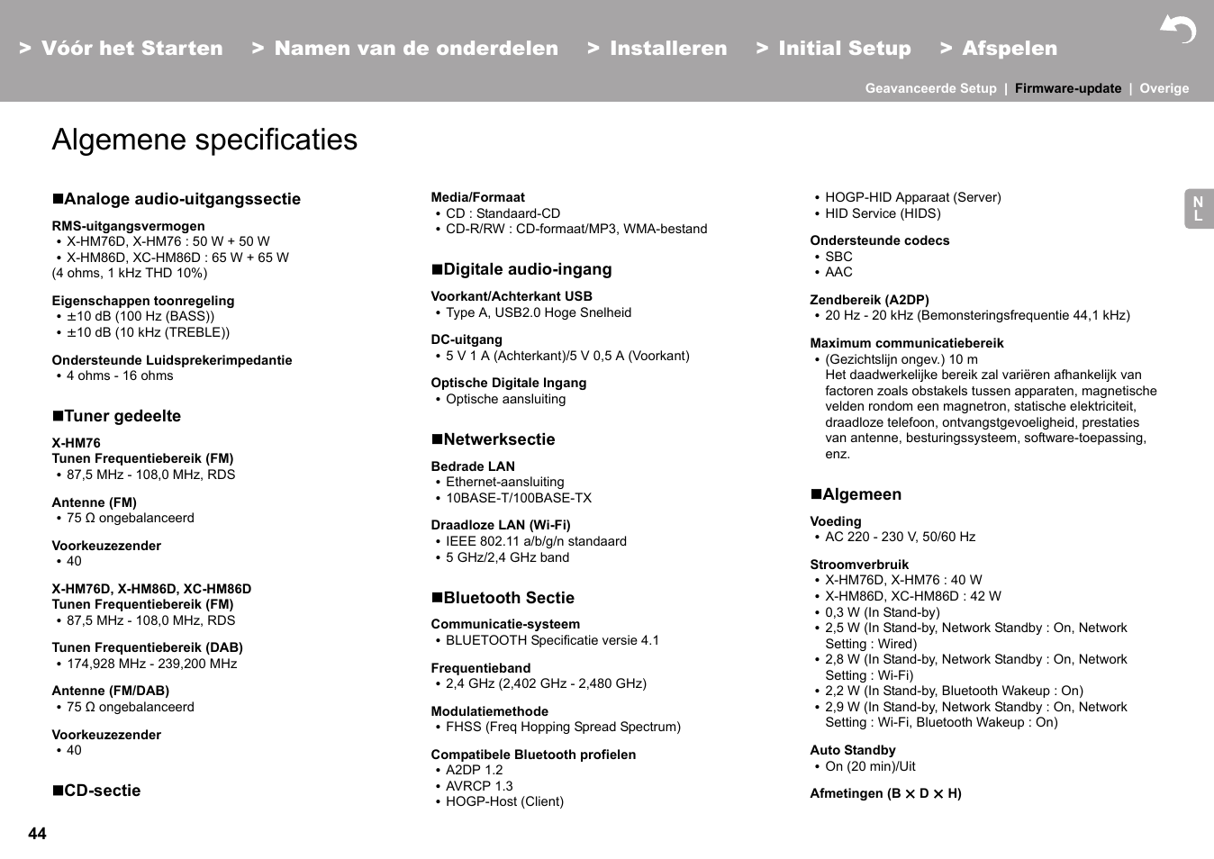 Algemene specificaties | Pioneer X-HM76 User Manual | Page 280 / 330