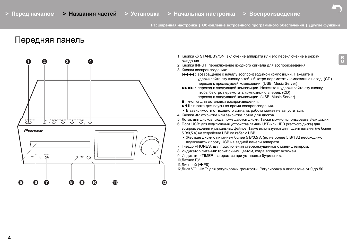 Названия частей передняя панель, Названия частей, Передняя панель | Pioneer X-HM76 User Manual | Page 287 / 330