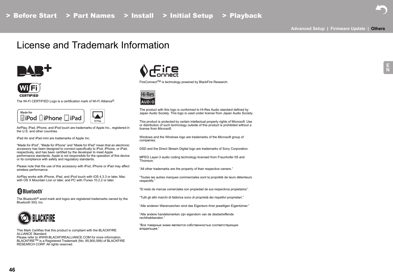 License and trademark information, Blackfire | Pioneer X-HM76 User Manual | Page 47 / 330