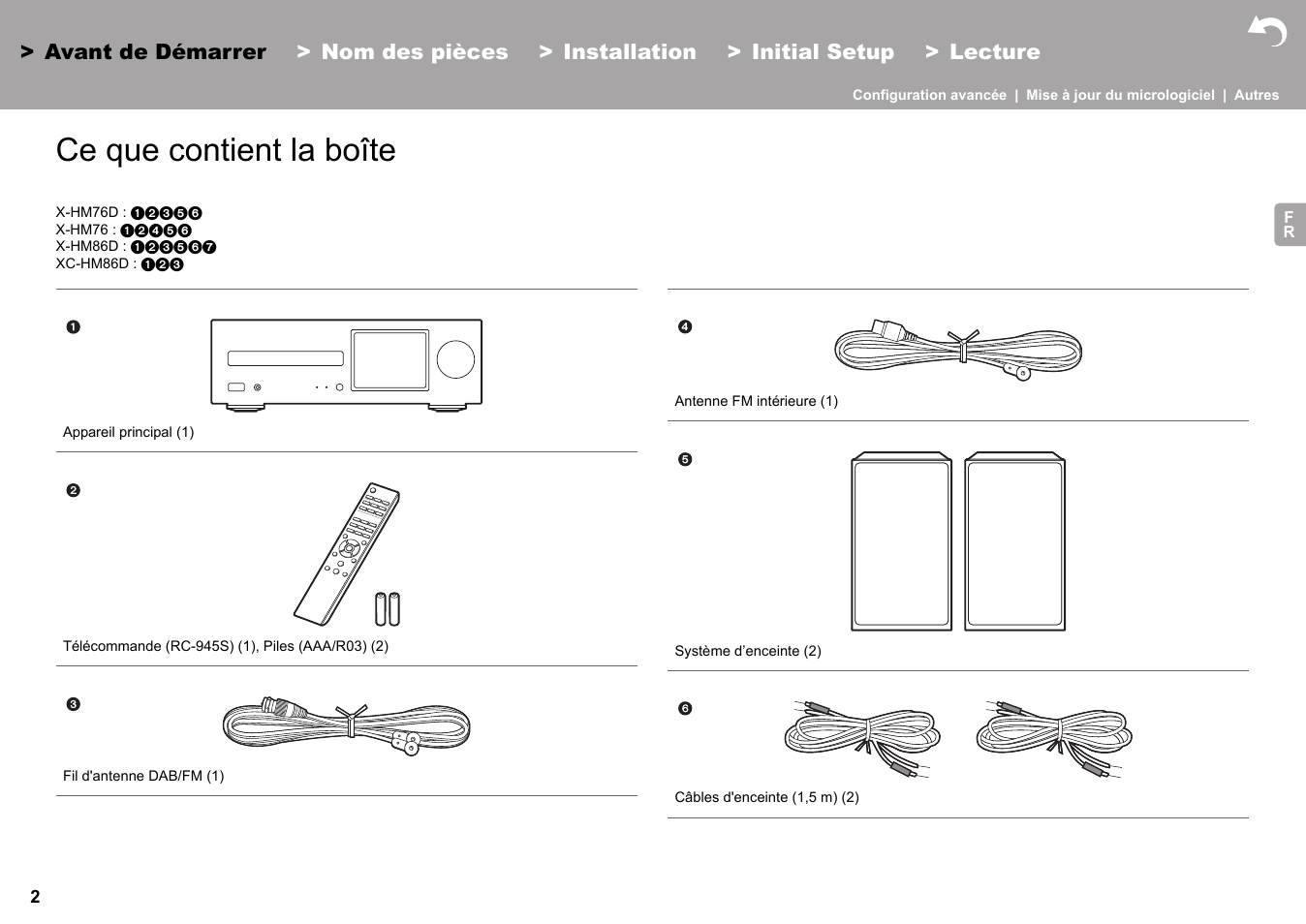 Avant de démarrer ce que contient la boîte, Avant de démarrer, Ce que contient la boîte | Pioneer X-HM76 User Manual | Page 50 / 330