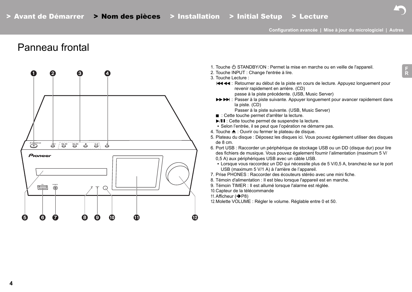 Nom des pièces panneau frontal, Nom des pièces, Panneau frontal | Pioneer X-HM76 User Manual | Page 52 / 330