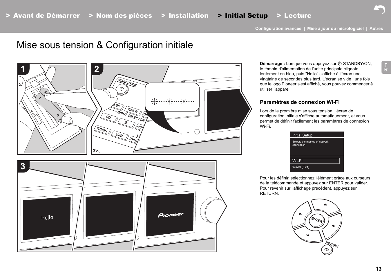 Initial setup, Äp13). v, Mise sous tension & configuration initiale | Pioneer X-HM76 User Manual | Page 61 / 330