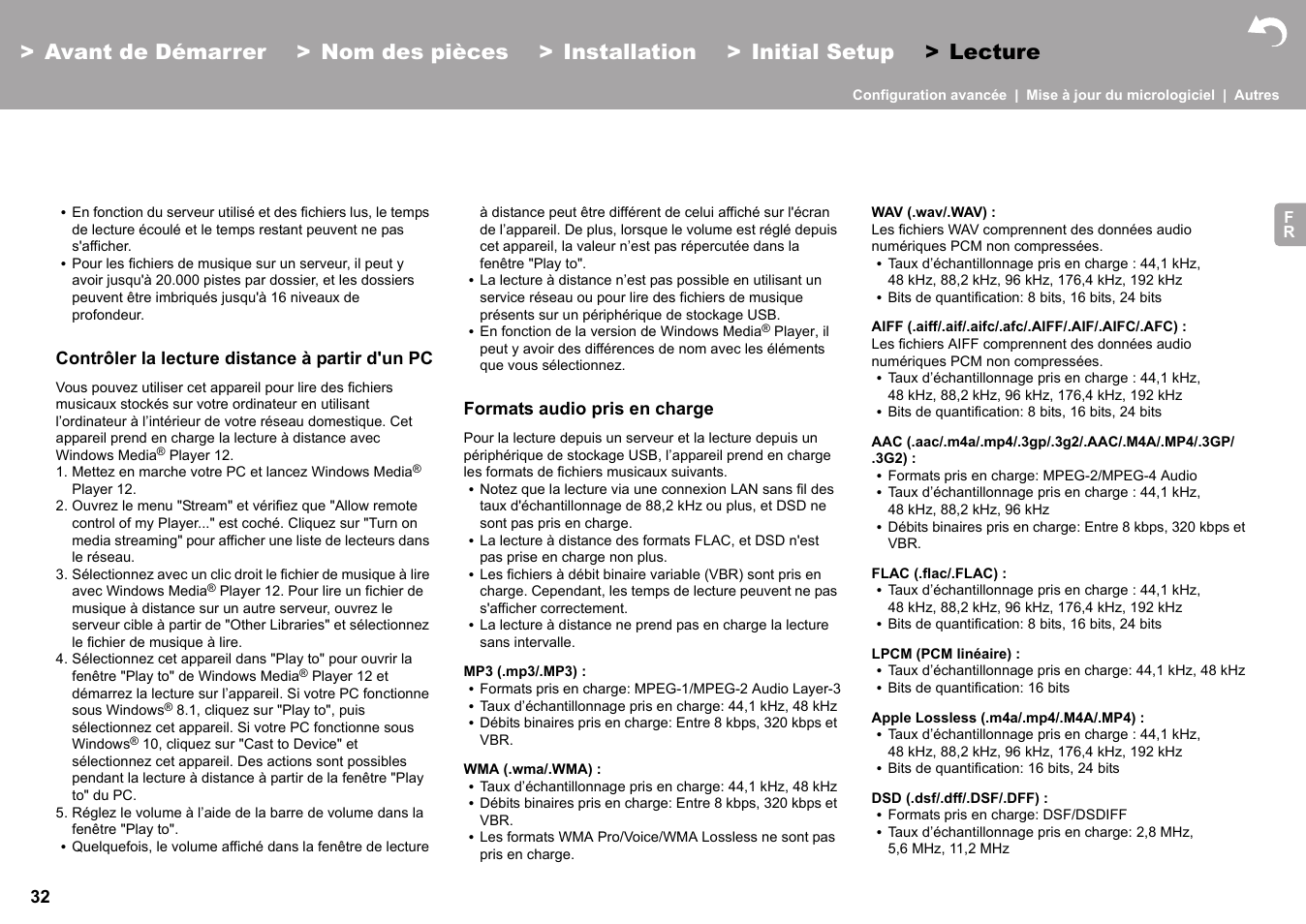 Contrôler la lecture distance à partir d'un pc, Formats audio pris en charge | Pioneer X-HM76 User Manual | Page 80 / 330