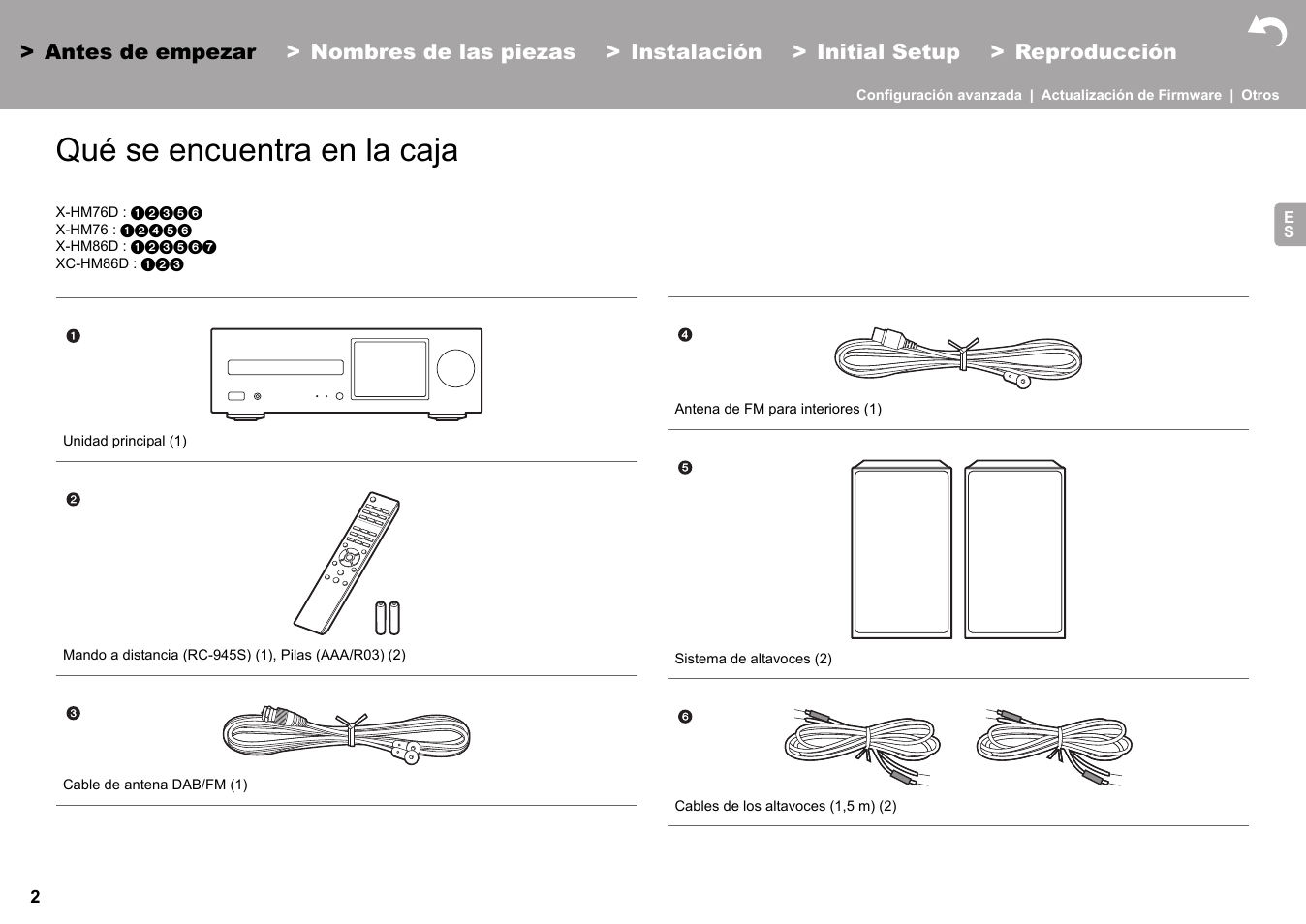 Antes de empezar qué se encuentra en la caja, Antes de empezar, Qué se encuentra en la caja | Pioneer X-HM76 User Manual | Page 97 / 330