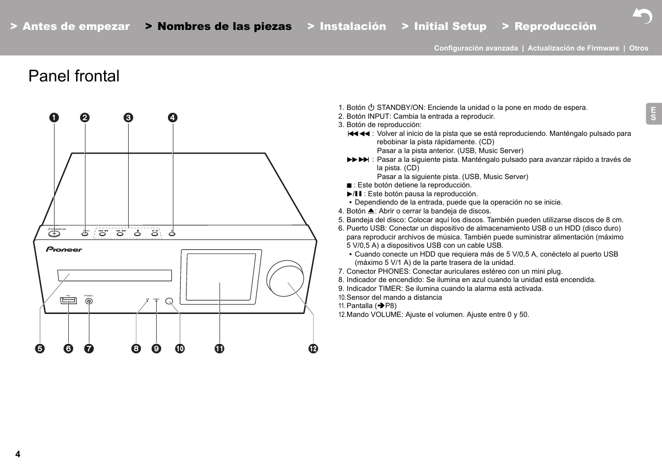 Nombres de las piezas panel frontal, Nombres de las piezas, Panel frontal | Pioneer X-HM76 User Manual | Page 99 / 330