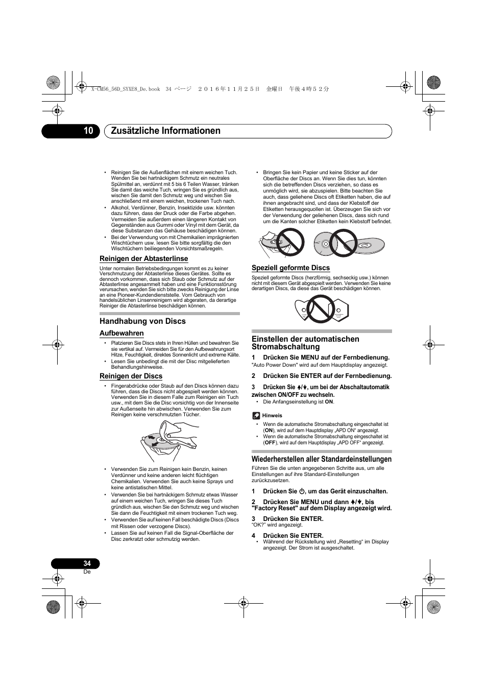 Zusätzliche informationen 10, Handhabung von discs, Einstellen der automatischen stromabschaltung | Wiederherstellen aller standardeinstellungen, Reinigen der abtasterlinse, Aufbewahren, Reinigen der discs, Speziell geformte discs | Pioneer X-CM56 User Manual | Page 102 / 244