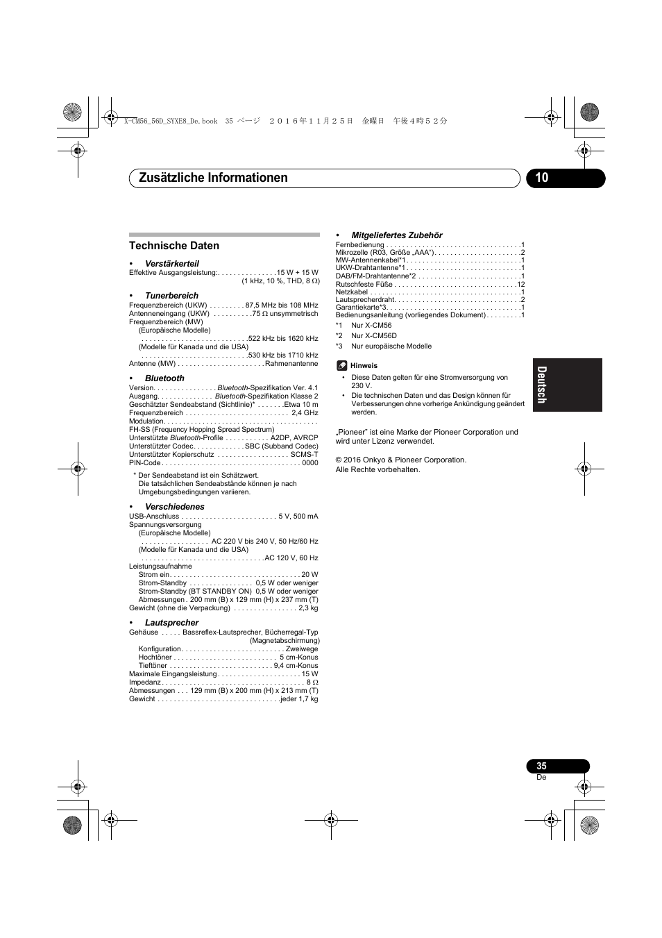 Zusätzliche informationen 10, Technische daten | Pioneer X-CM56 User Manual | Page 103 / 244