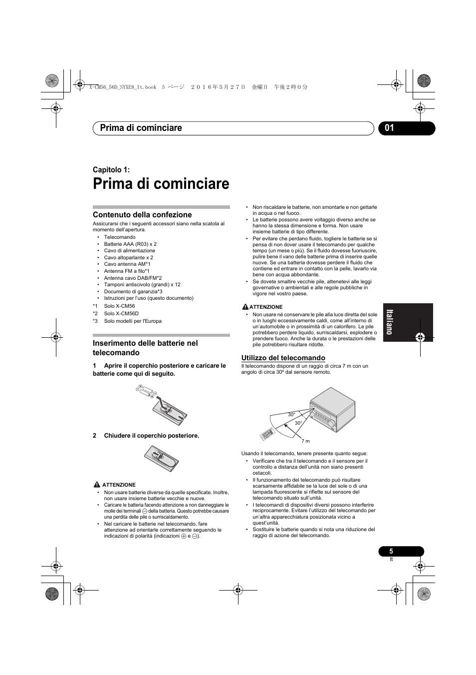 Prima di cominciare, Prima di cominciare 01, Capitolo 1 | Contenuto della confezione, Inserimento delle batterie nel telecomando | Pioneer X-CM56 User Manual | Page 107 / 244