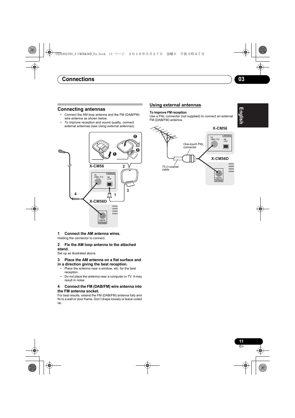 Connections 03, English français español, Connecting antennas | Pioneer X-CM56 User Manual | Page 11 / 244
