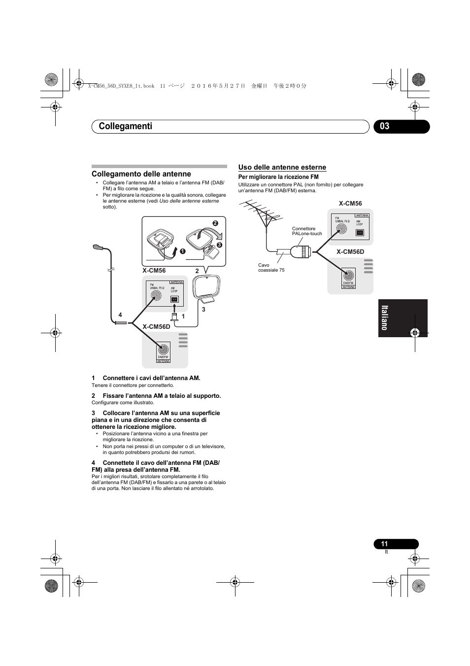 Collegamenti 03, Collegamento delle antenne | Pioneer X-CM56 User Manual | Page 113 / 244