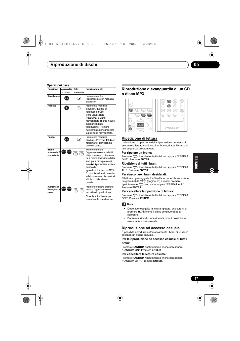Riproduzione di dischi 05, Riproduzione d’avanguardia di un cd o disco mp3, Ripetizione di lettura | Riproduzione ad accesso casuale | Pioneer X-CM56 User Manual | Page 119 / 244
