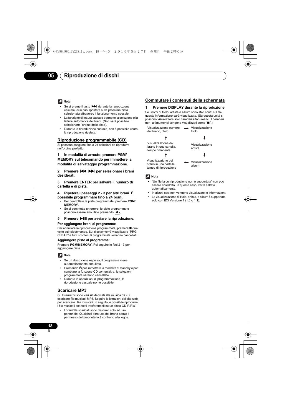 Riproduzione di dischi 05, Riproduzione programmabile (cd), Scaricare mp3 | Commutare i contenuti della schermata | Pioneer X-CM56 User Manual | Page 120 / 244