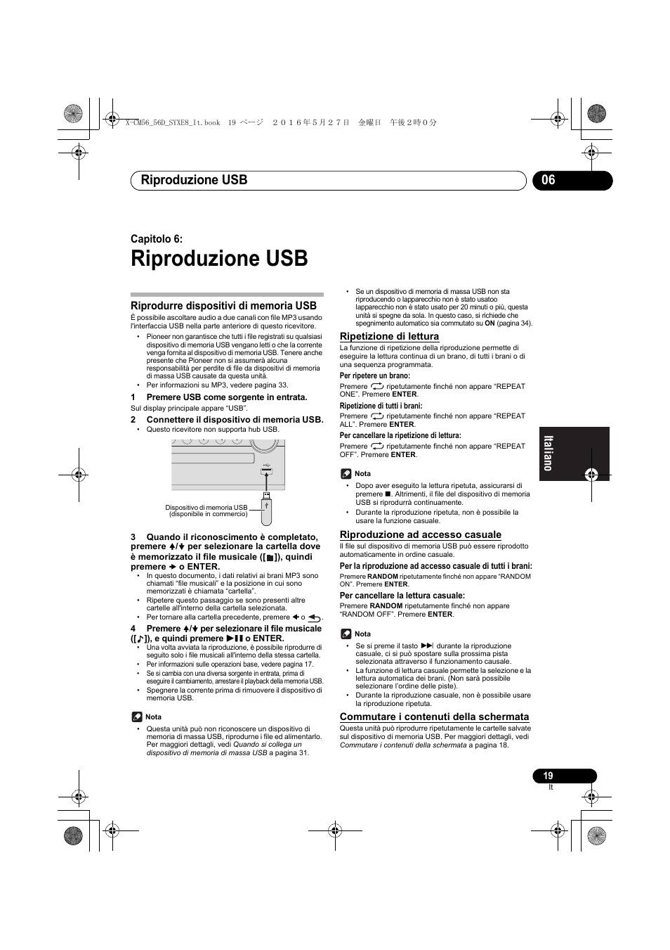 Riproduzione usb, Riproduzione usb 06, Capitolo 6 | Ripetizione di lettura, Riproduzione ad accesso casuale, Commutare i contenuti della schermata | Pioneer X-CM56 User Manual | Page 121 / 244