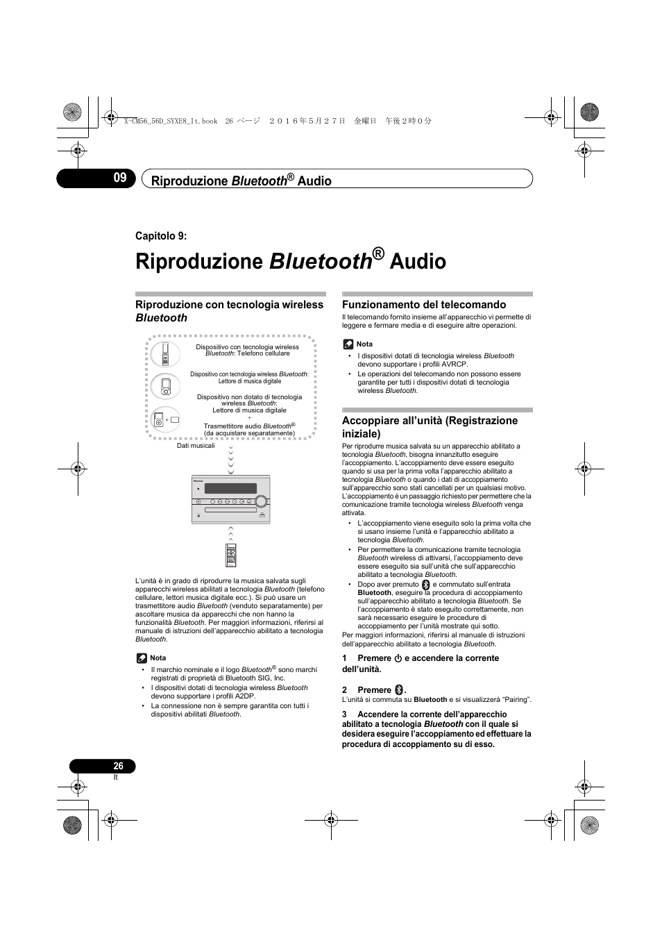 Riproduzione bluetooth, Audio, Capitolo 9 | Riproduzione con tecnologia wireless bluetooth, Funzionamento del telecomando, Accoppiare all’unità (registrazione iniziale) | Pioneer X-CM56 User Manual | Page 128 / 244