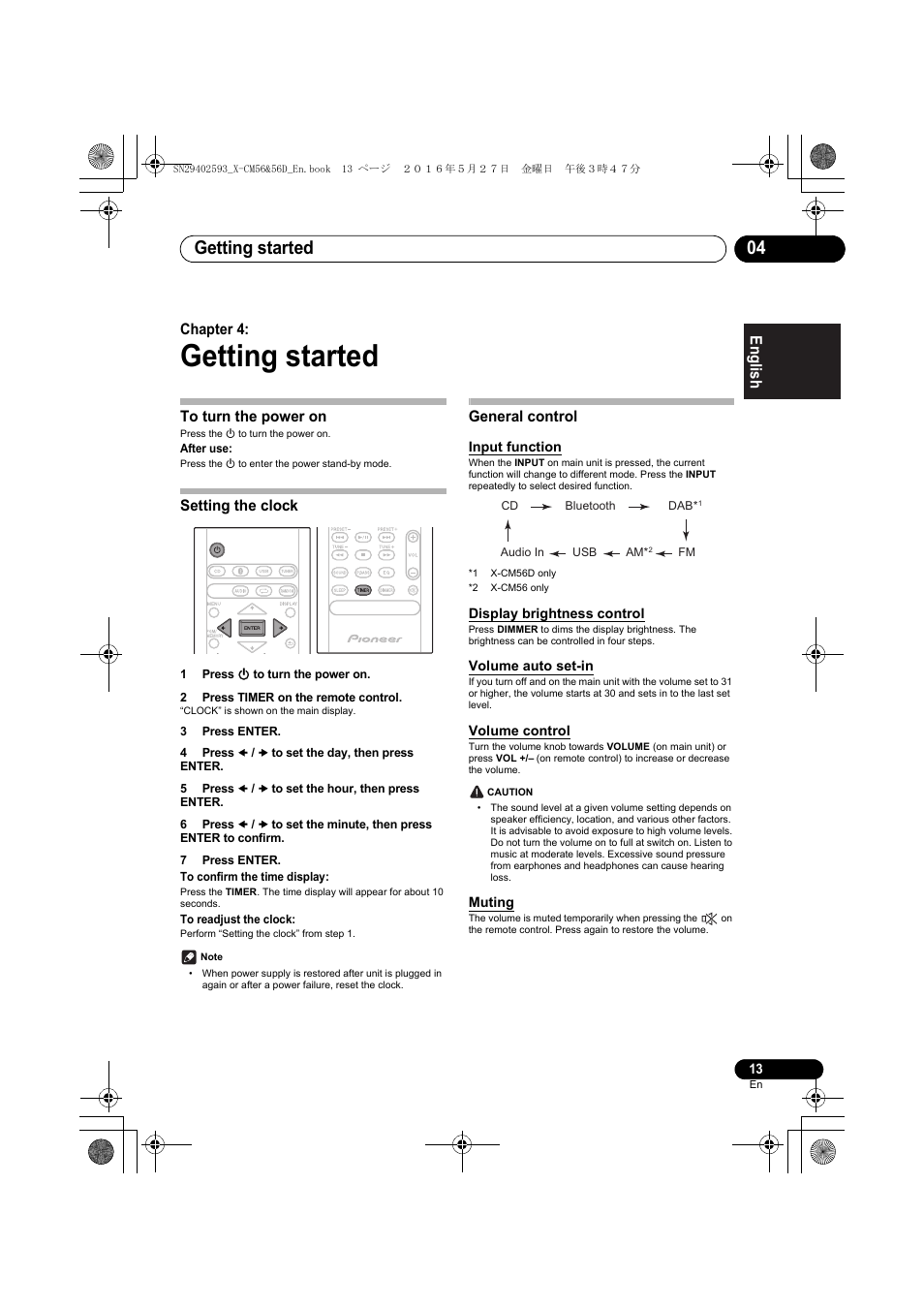 Getting started, Getting started 04, English français español | Chapter 4, Setting the clock, General control | Pioneer X-CM56 User Manual | Page 13 / 244