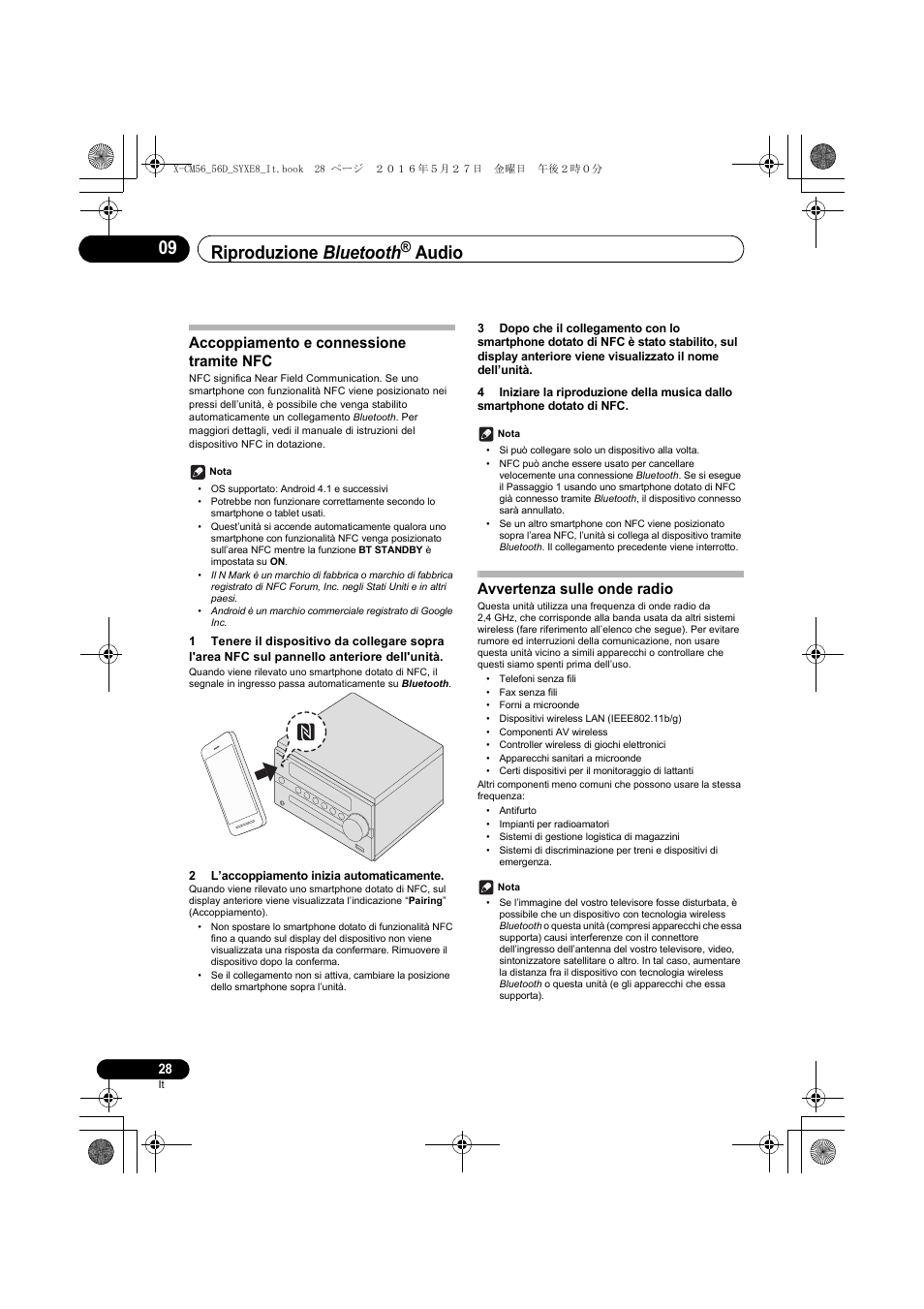Riproduzione bluetooth, Audio, Accoppiamento e connessione tramite nfc | Avvertenza sulle onde radio | Pioneer X-CM56 User Manual | Page 130 / 244
