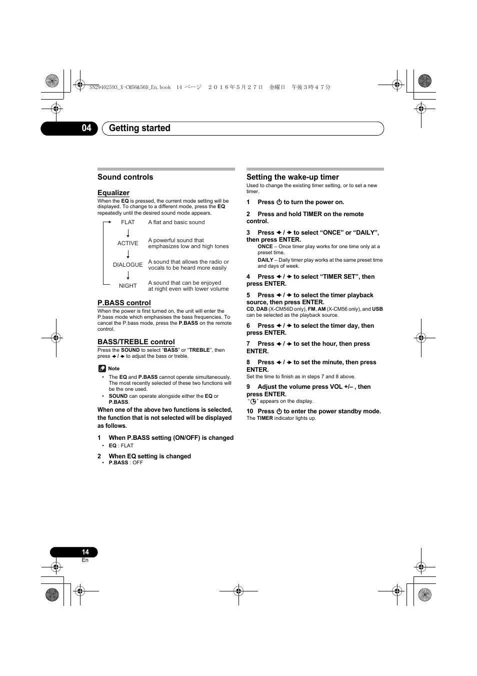 Getting started 04, Sound controls, Setting the wake-up timer | Pioneer X-CM56 User Manual | Page 14 / 244