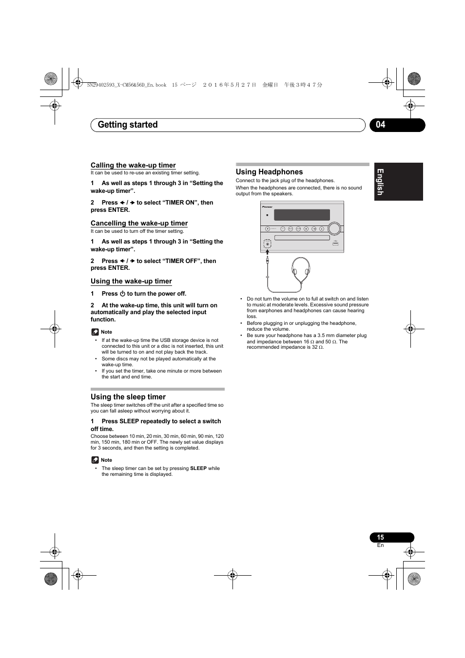 Getting started 04, English français español, Using the sleep timer | Using headphones, Calling the wake-up timer, Cancelling the wake-up timer, Using the wake-up timer | Pioneer X-CM56 User Manual | Page 15 / 244