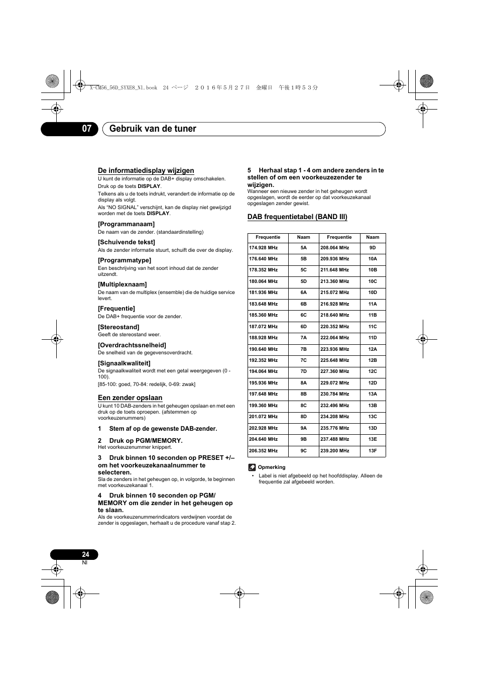 Gebruik van de tuner 07, De informatiedisplay wijzigen, Een zender opslaan | Dab frequentietabel (band iii), Programmanaam, Schuivende tekst, Programmatype, Multiplexnaam, Frequentie, Stereostand | Pioneer X-CM56 User Manual | Page 160 / 244