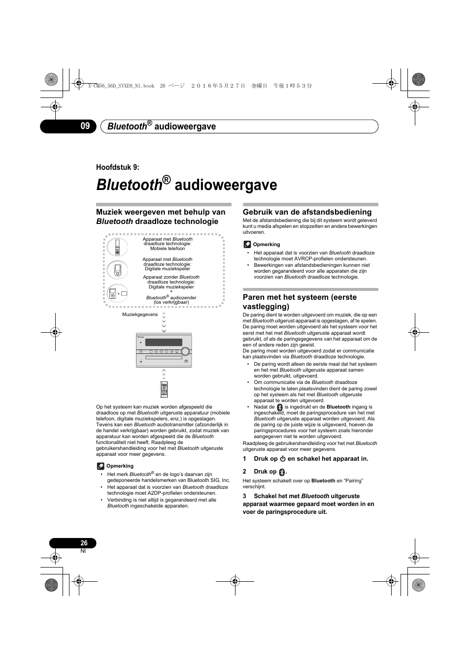 Bluetooth, Audioweergave, Hoofdstuk 9 | Gebruik van de afstandsbediening, Paren met het systeem (eerste vastlegging) | Pioneer X-CM56 User Manual | Page 162 / 244