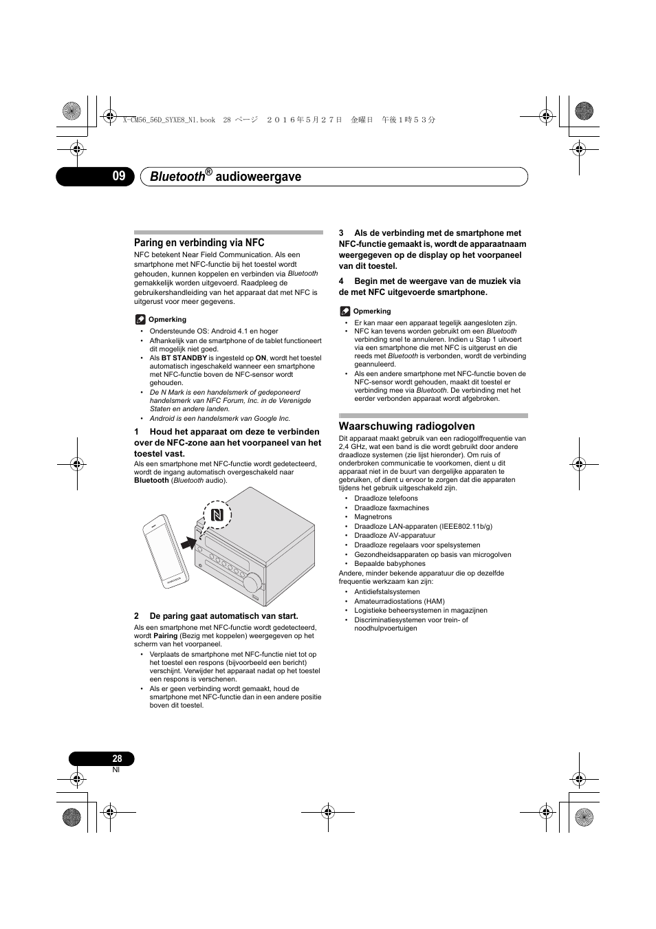 Bluetooth, Audioweergave, Paring en verbinding via nfc | Waarschuwing radiogolven | Pioneer X-CM56 User Manual | Page 164 / 244