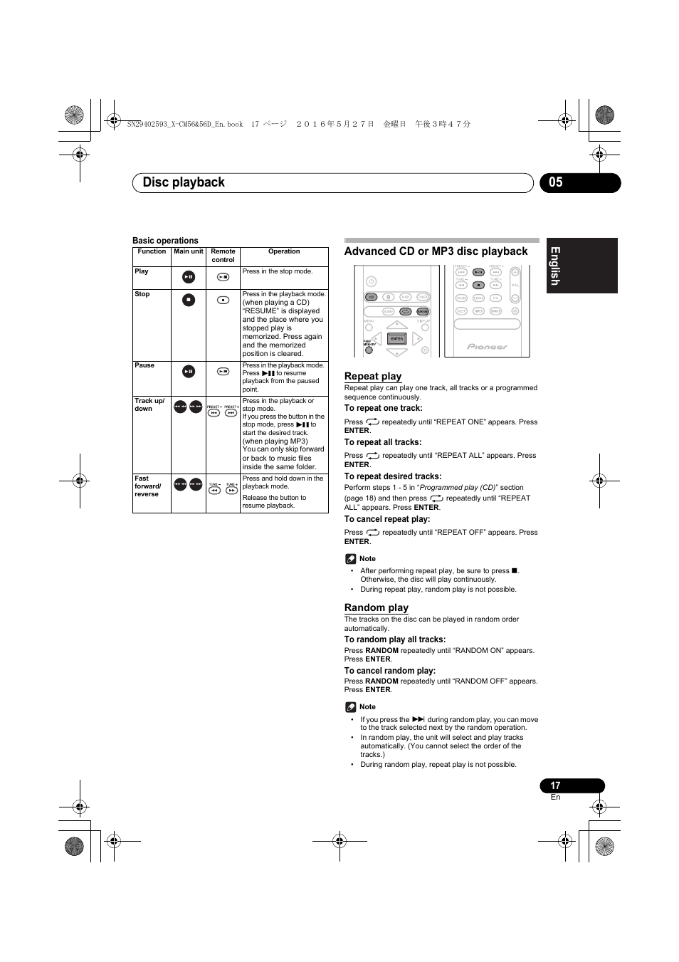 Disc playback 05, English français español, Advanced cd or mp3 disc playback | Repeat play, Random play | Pioneer X-CM56 User Manual | Page 17 / 244