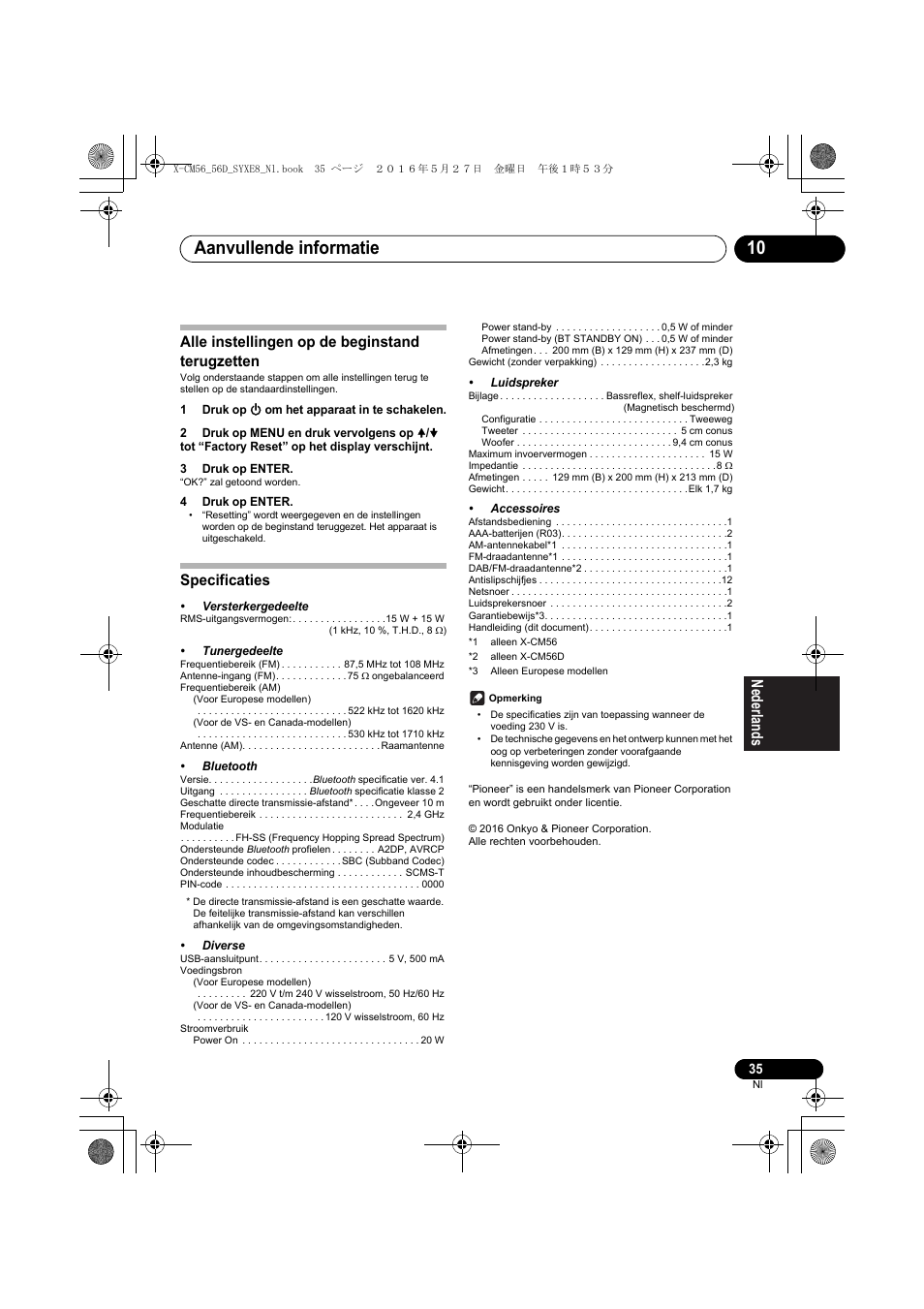 Aanvullende informatie 10, Alle instellingen op de beginstand terugzetten, Specificaties | Pioneer X-CM56 User Manual | Page 171 / 244