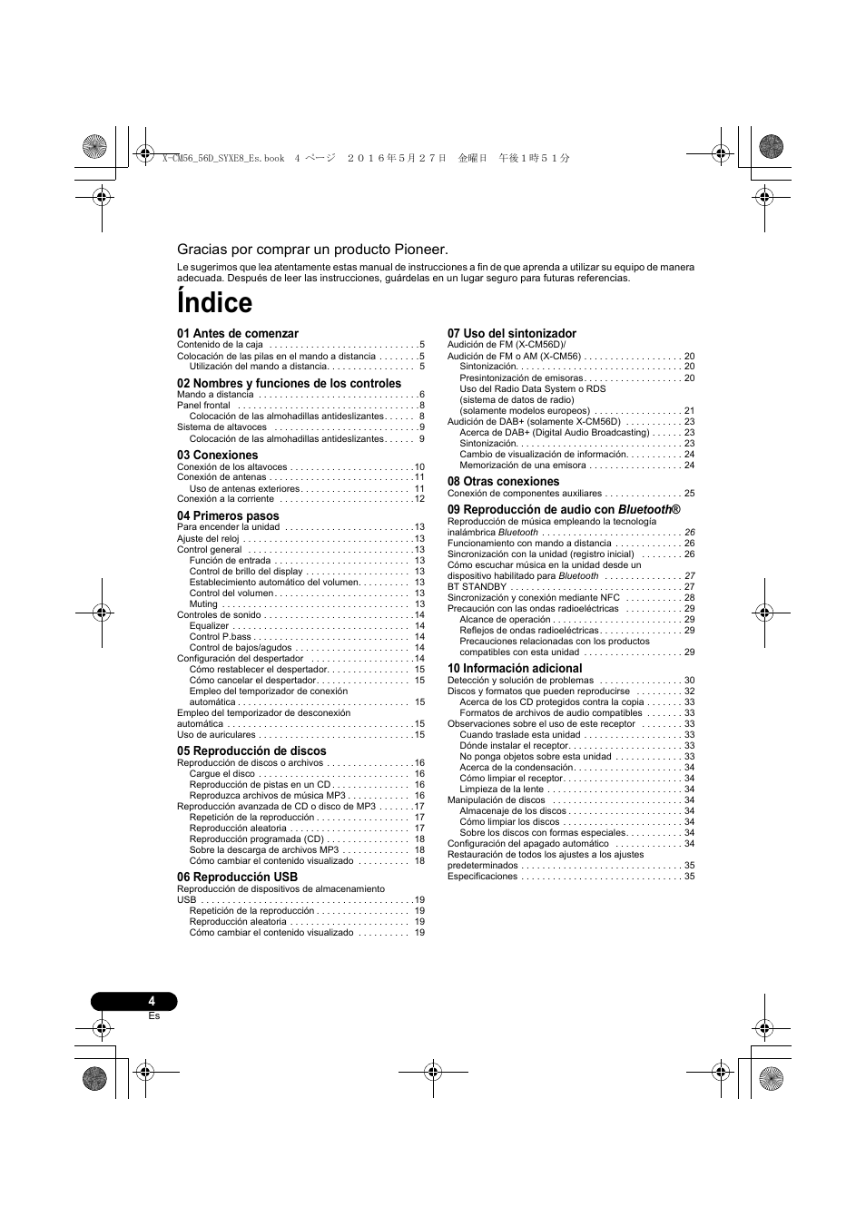 Índice, Gracias por comprar un producto pioneer | Pioneer X-CM56 User Manual | Page 174 / 244