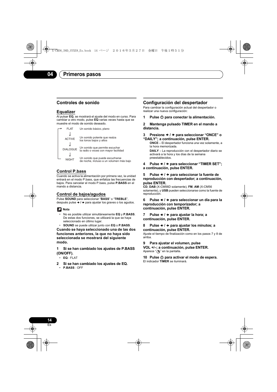 Primeros pasos 04, Controles de sonido, Configuración del despertador | Pioneer X-CM56 User Manual | Page 184 / 244
