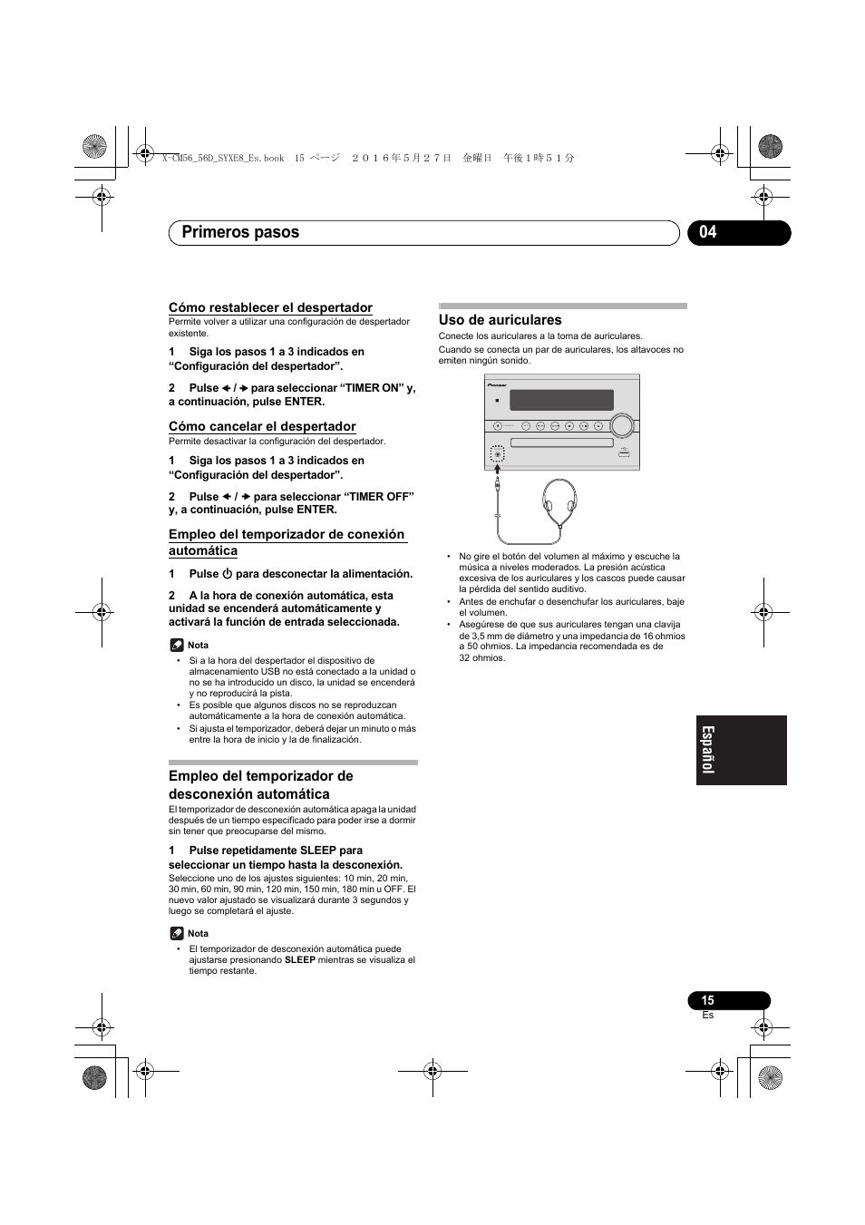 Primeros pasos 04, Empleo del temporizador de desconexión automática, Uso de auriculares | Pioneer X-CM56 User Manual | Page 185 / 244