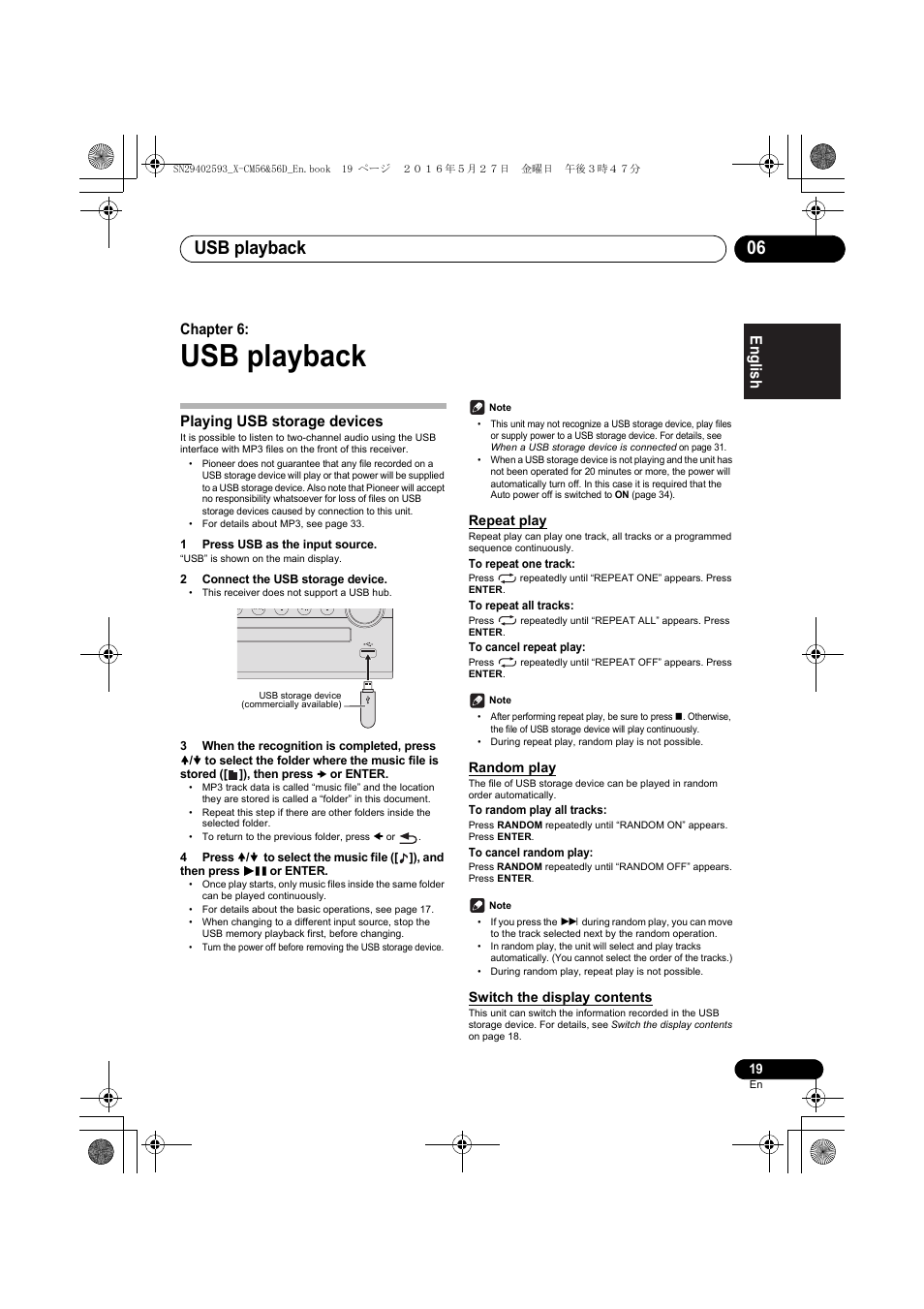 Usb playback, Usb playback 06, English français español | Chapter 6, Playing usb storage devices, Repeat play, Random play, Switch the display contents | Pioneer X-CM56 User Manual | Page 19 / 244