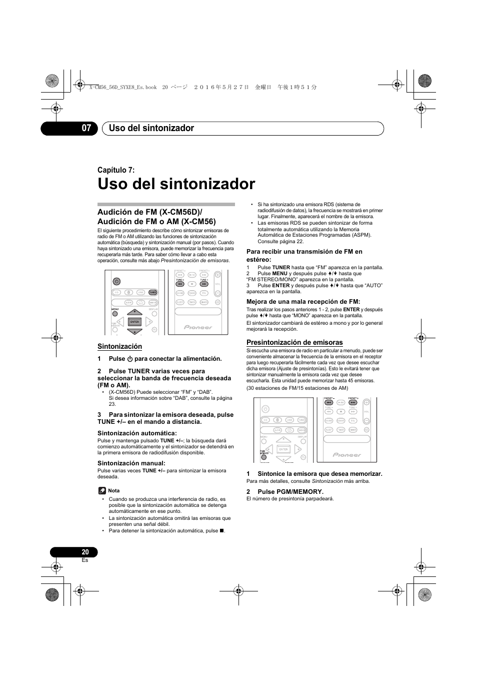 Uso del sintonizador, Uso del sintonizador 07, Capítulo 7 | Pioneer X-CM56 User Manual | Page 190 / 244