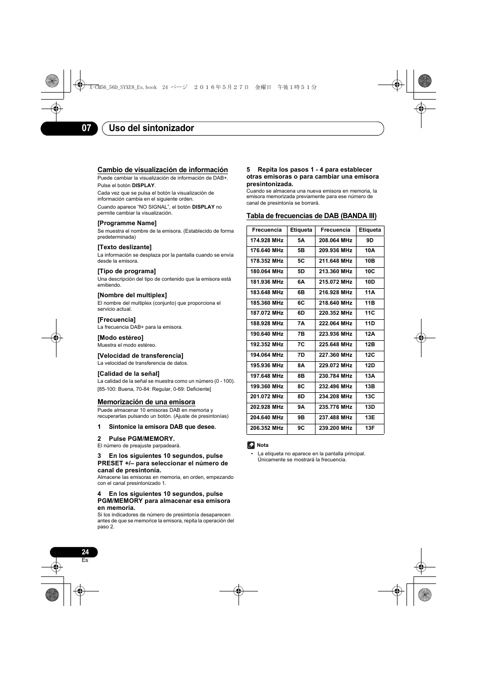 Uso del sintonizador 07, Cambio de visualización de información, Tabla de frecuencias de dab (banda iii) | Pioneer X-CM56 User Manual | Page 194 / 244