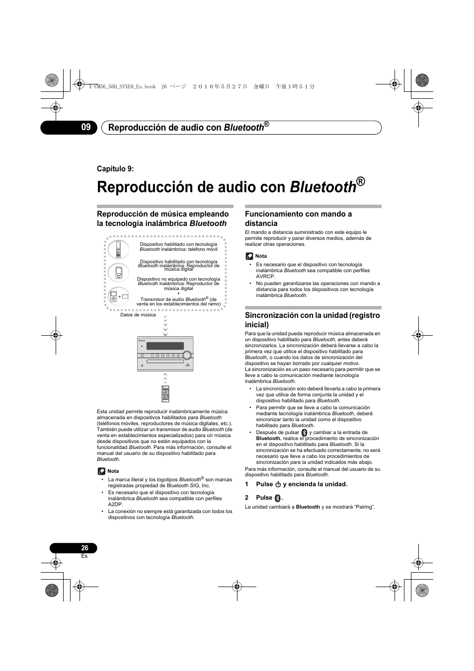 Reproducción de audio con bluetooth, Capítulo 9, Funcionamiento con mando a distancia | Sincronización con la unidad (registro inicial) | Pioneer X-CM56 User Manual | Page 196 / 244