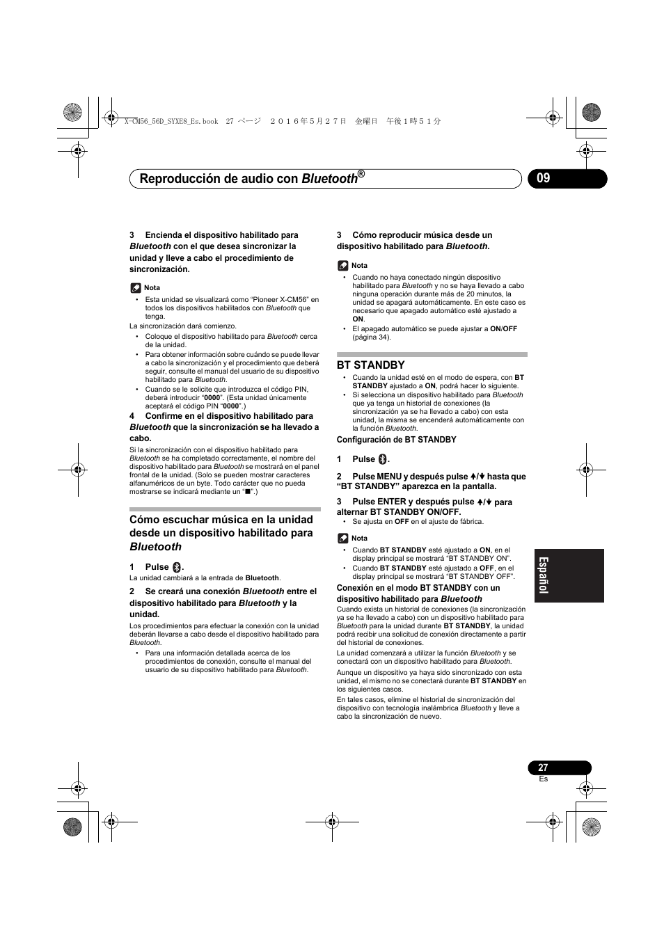 Reproducción de audio con bluetooth, Bt standby | Pioneer X-CM56 User Manual | Page 197 / 244