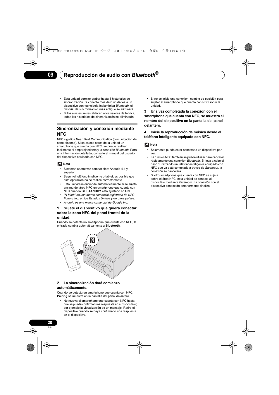 Reproducción de audio con bluetooth, Sincronización y conexión mediante nfc | Pioneer X-CM56 User Manual | Page 198 / 244