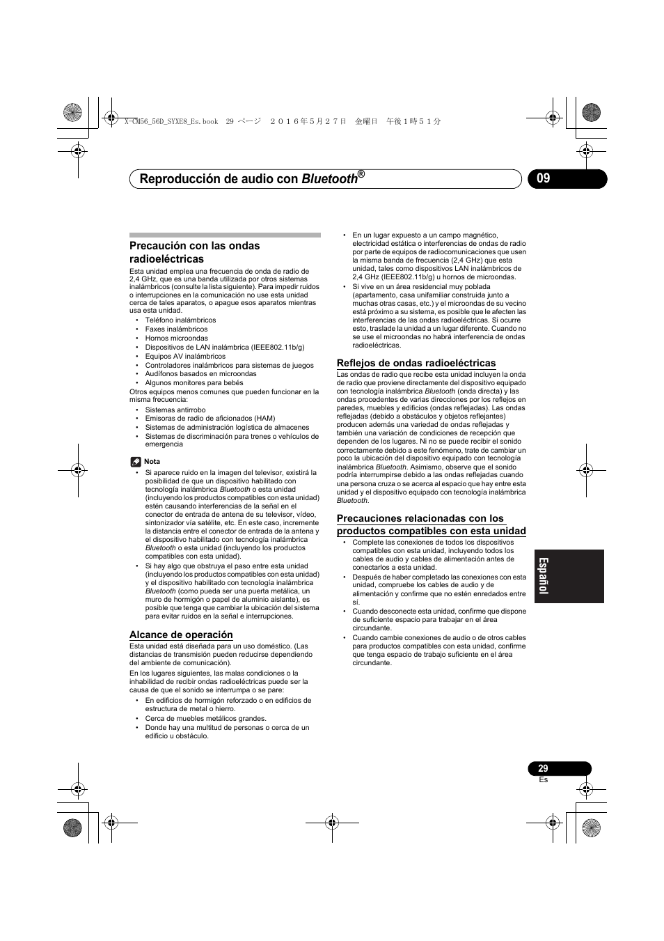 Reproducción de audio con bluetooth, Precaución con las ondas radioeléctricas, Alcance de operación | Reflejos de ondas radioeléctricas | Pioneer X-CM56 User Manual | Page 199 / 244