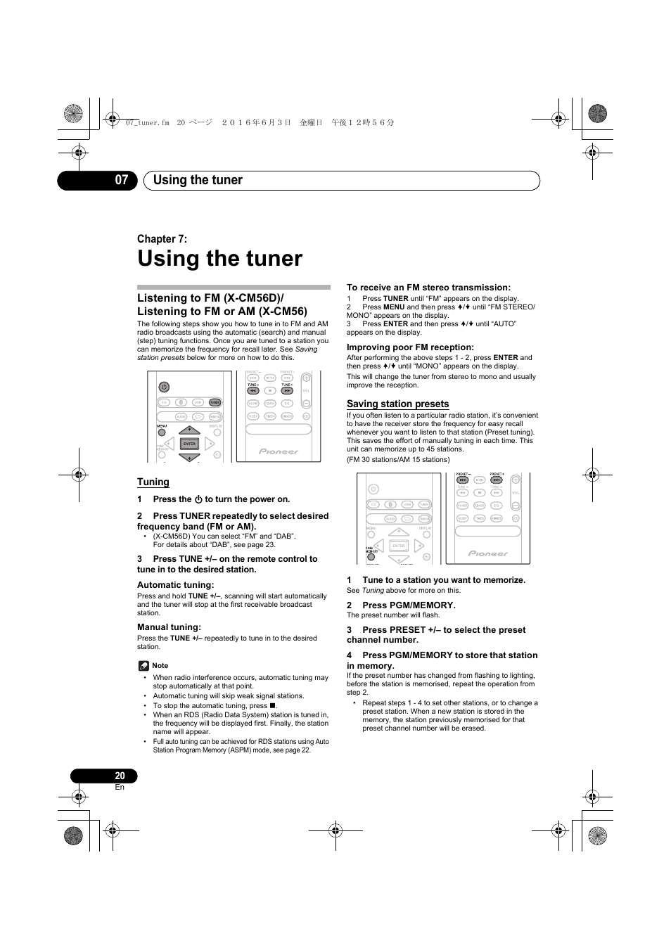 Using the tuner, Using the tuner 07, Chapter 7 | Pioneer X-CM56 User Manual | Page 20 / 244