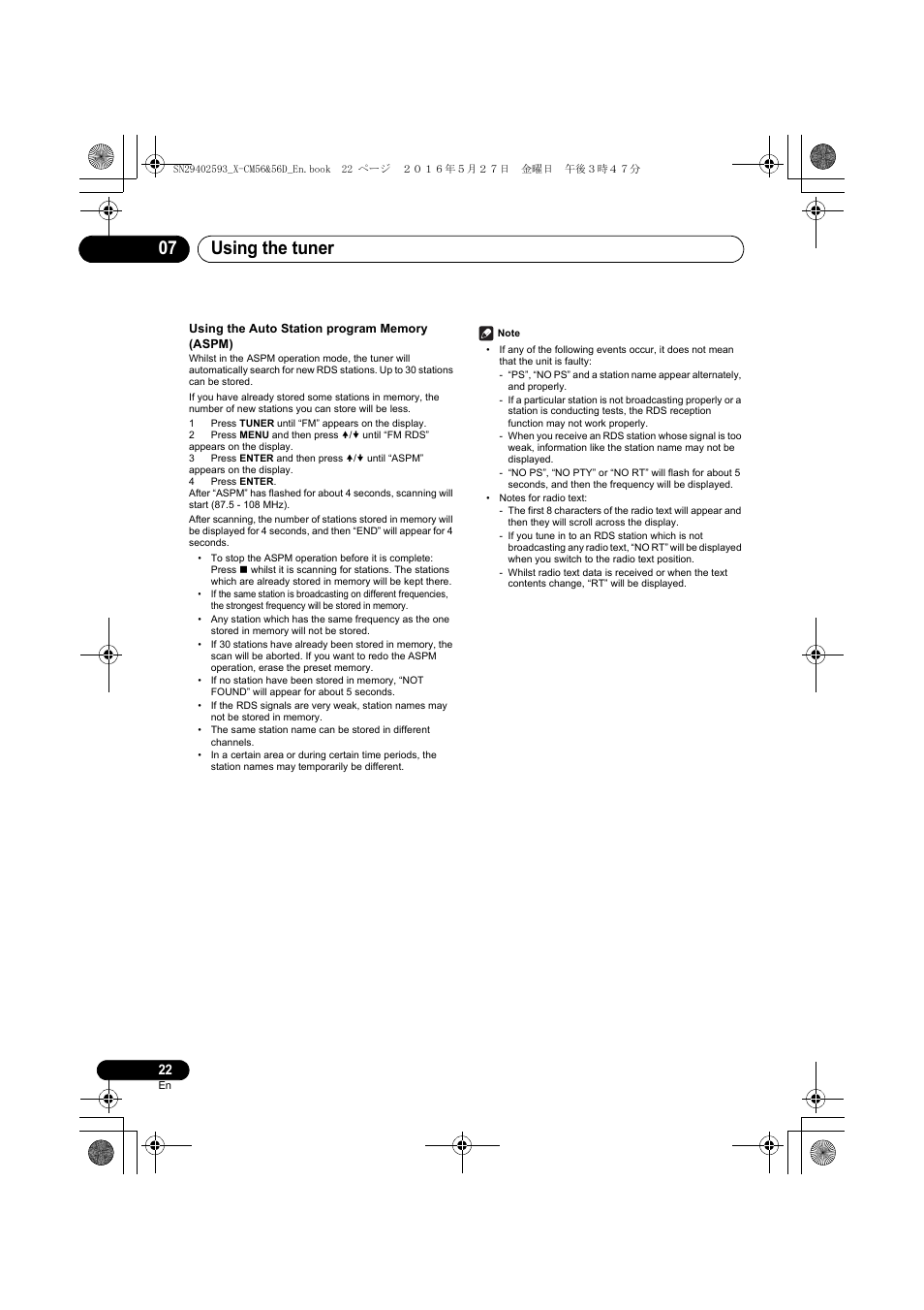 Using the tuner 07 | Pioneer X-CM56 User Manual | Page 22 / 244