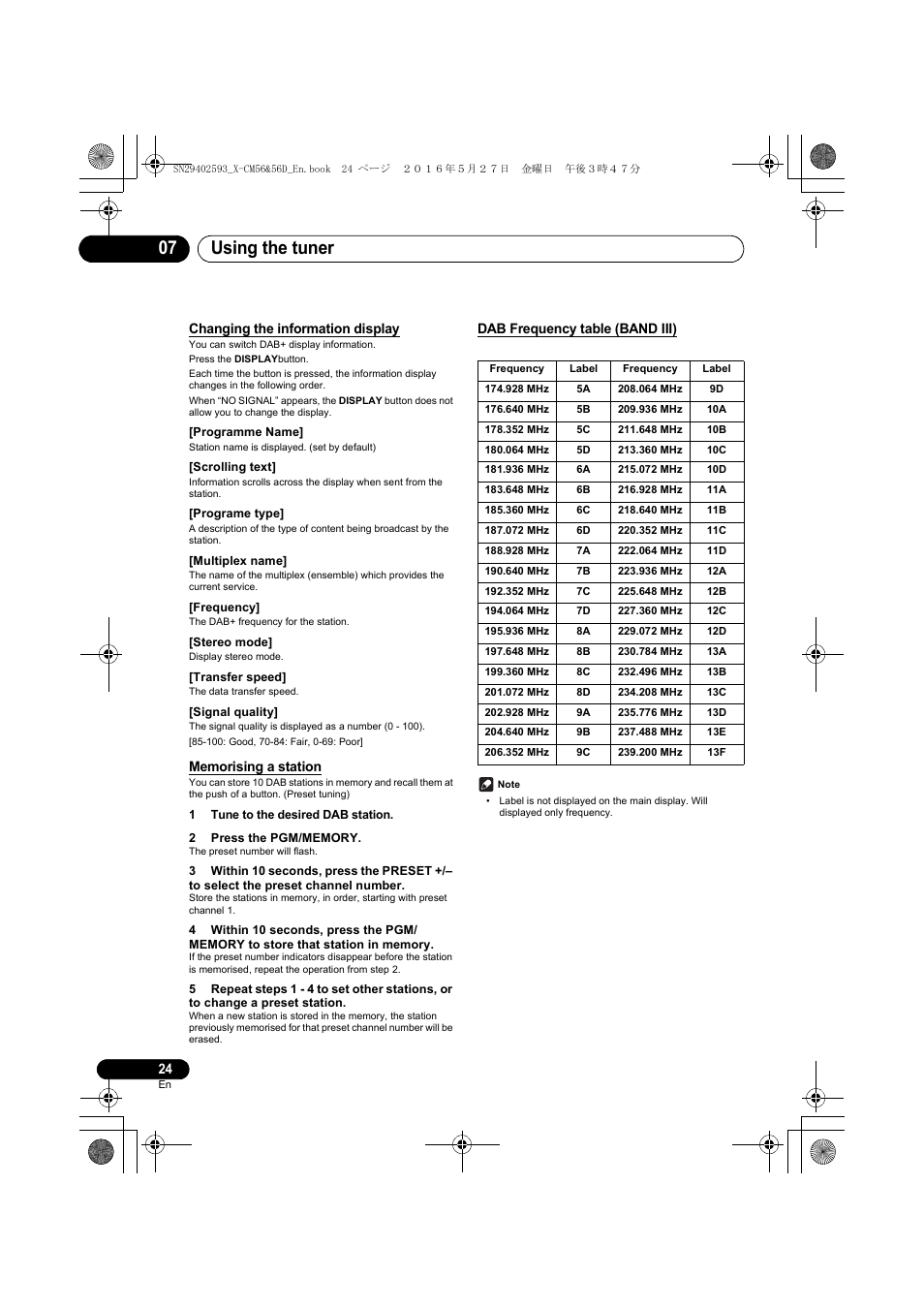 Using the tuner 07, Changing the information display, Dab frequency table (band iii) | Pioneer X-CM56 User Manual | Page 24 / 244