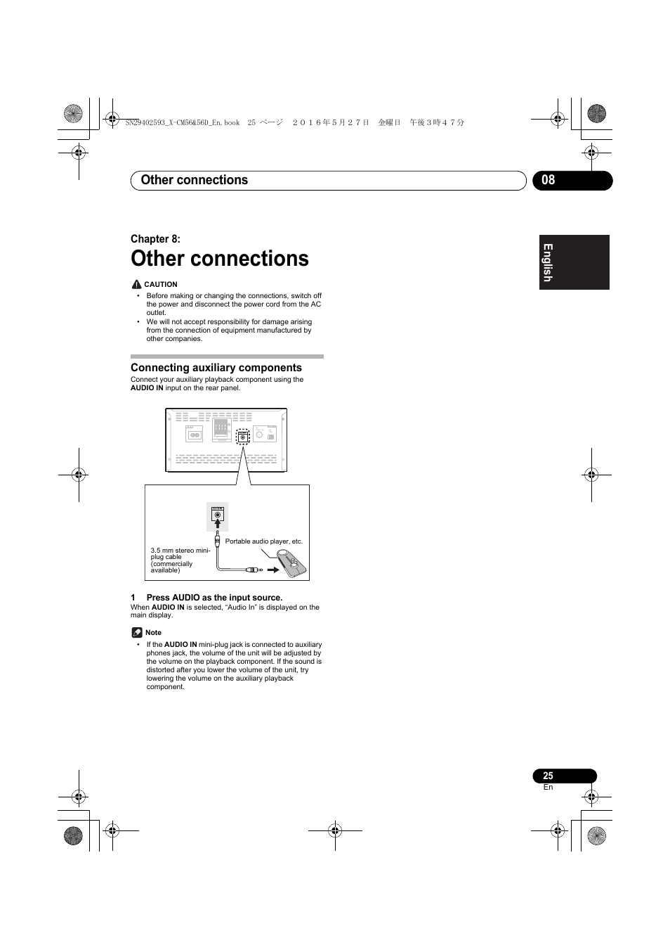 Other connections, Other connections 08, English français español | Chapter 8, Connecting auxiliary components | Pioneer X-CM56 User Manual | Page 25 / 244