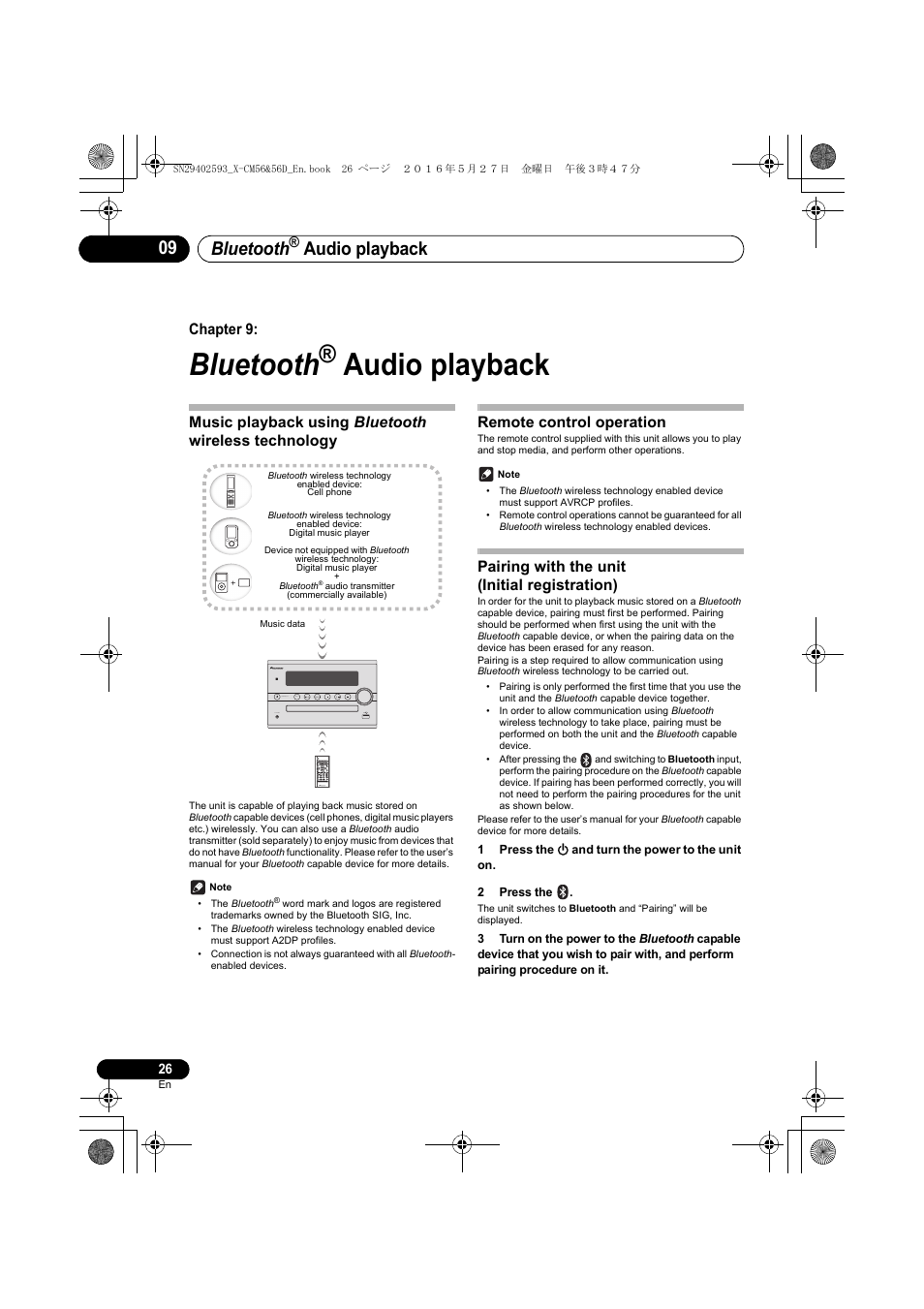 Bluetooth, Audio playback, Chapter 9 | Music playback using bluetooth wireless technology, Remote control operation, Pairing with the unit (initial registration) | Pioneer X-CM56 User Manual | Page 26 / 244