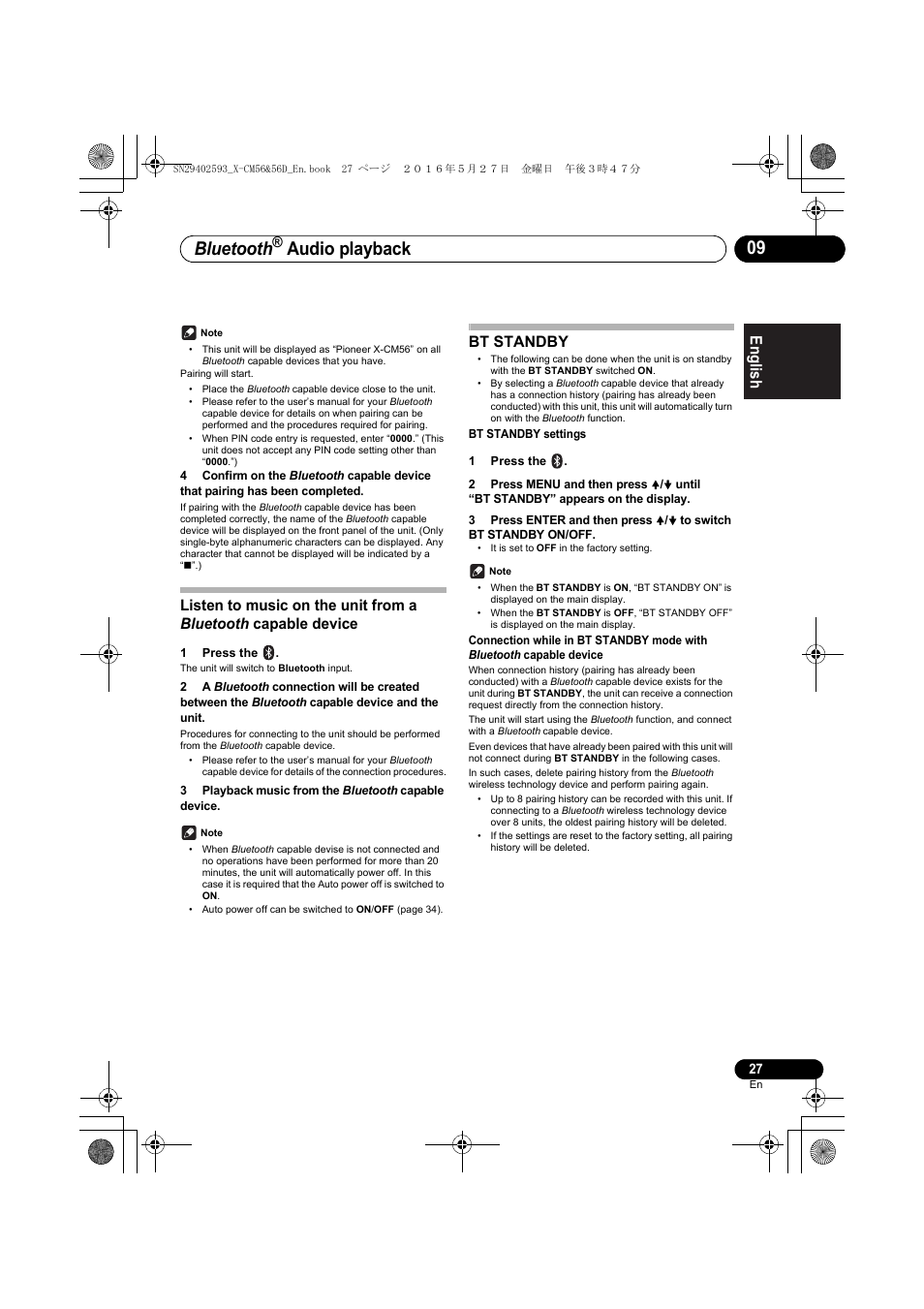 Bluetooth, Audio playback, English français español | Bt standby | Pioneer X-CM56 User Manual | Page 27 / 244