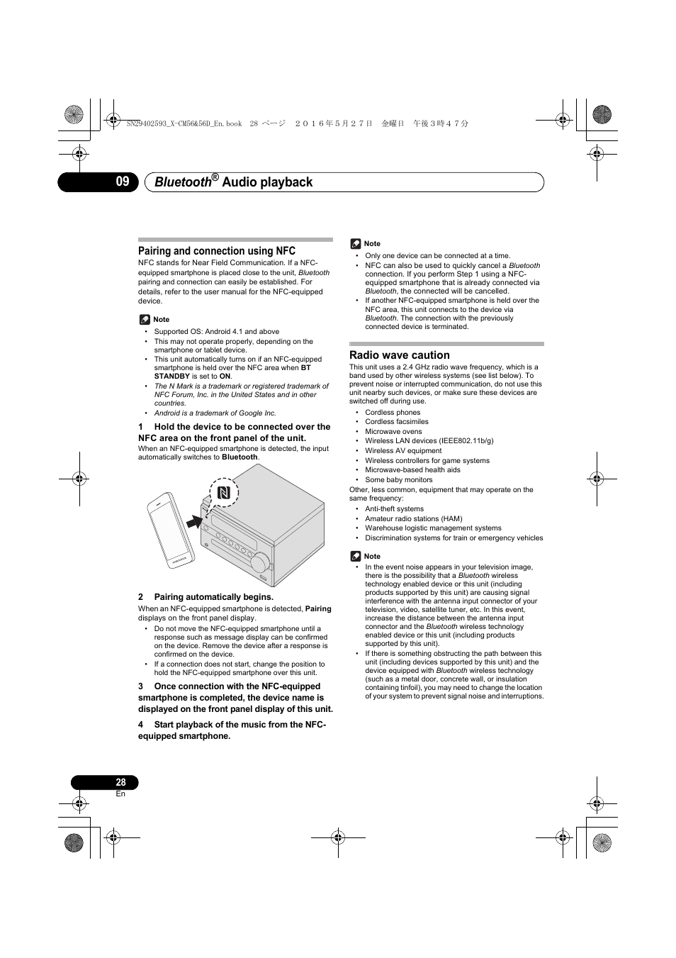Bluetooth, Audio playback, Pairing and connection using nfc | Radio wave caution | Pioneer X-CM56 User Manual | Page 28 / 244