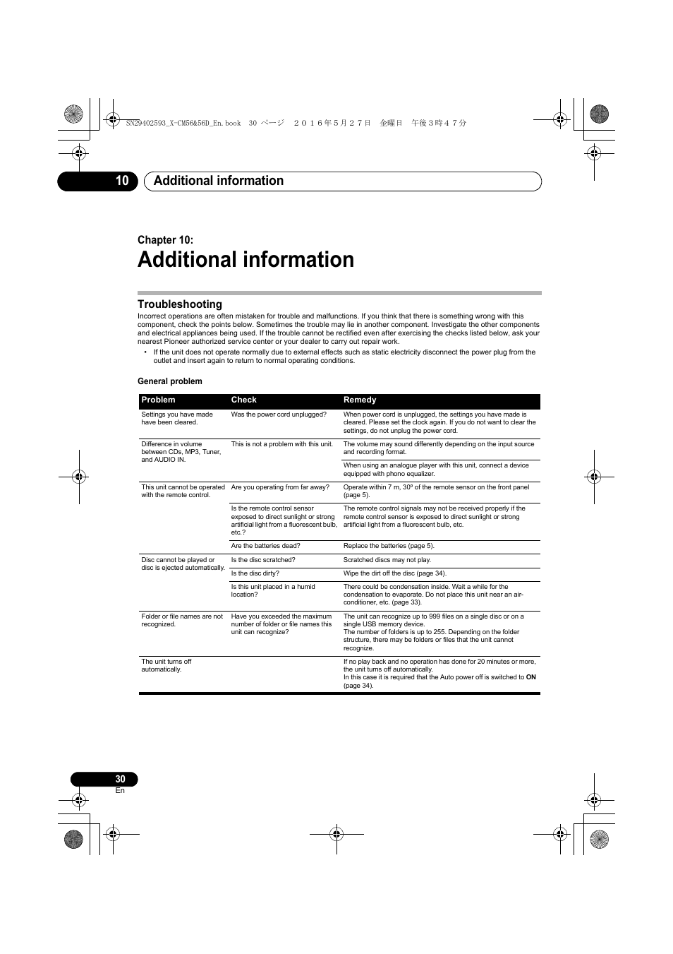 Additional information, Additional information 10, Chapter 10 | Troubleshooting | Pioneer X-CM56 User Manual | Page 30 / 244